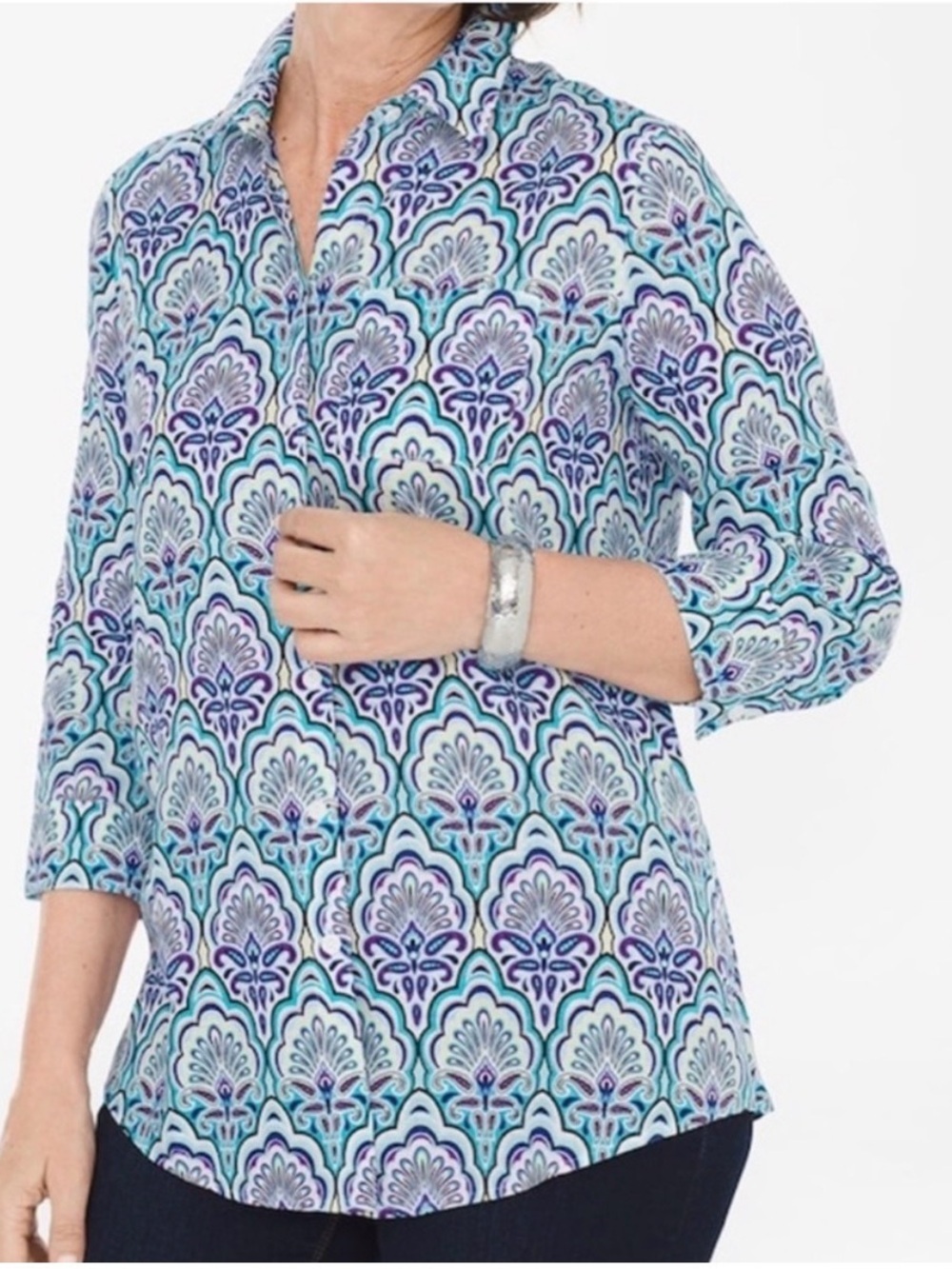 Chico's 100% Linen No Iron Teal Blue Button Up Blouse SZ 3 NWT XL